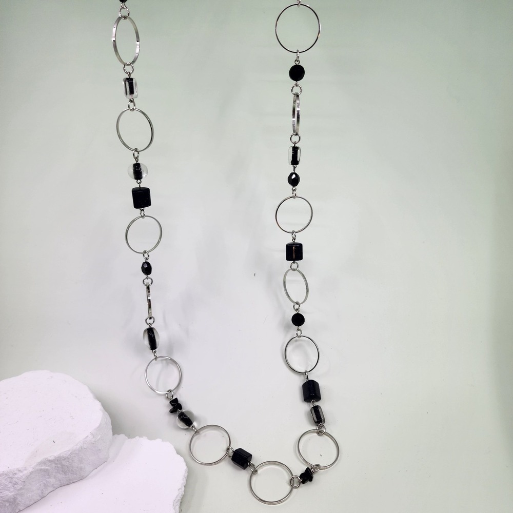 Lia Sophia Black Sparkle Glass Bead Silver Tone Hoop Link Statement Necklace
